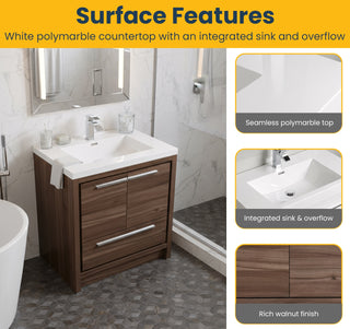 30" Walnut Freestanding Bathroom Vanity with White Polymarble Countertop
