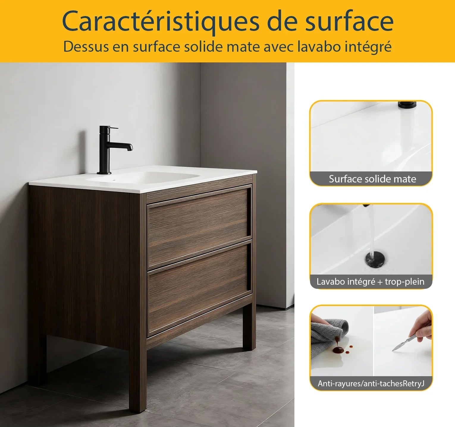 Meuble-Lavabo Autoportant 48po Chêne Fumé avec Comptoir de Surface Solide Blanc