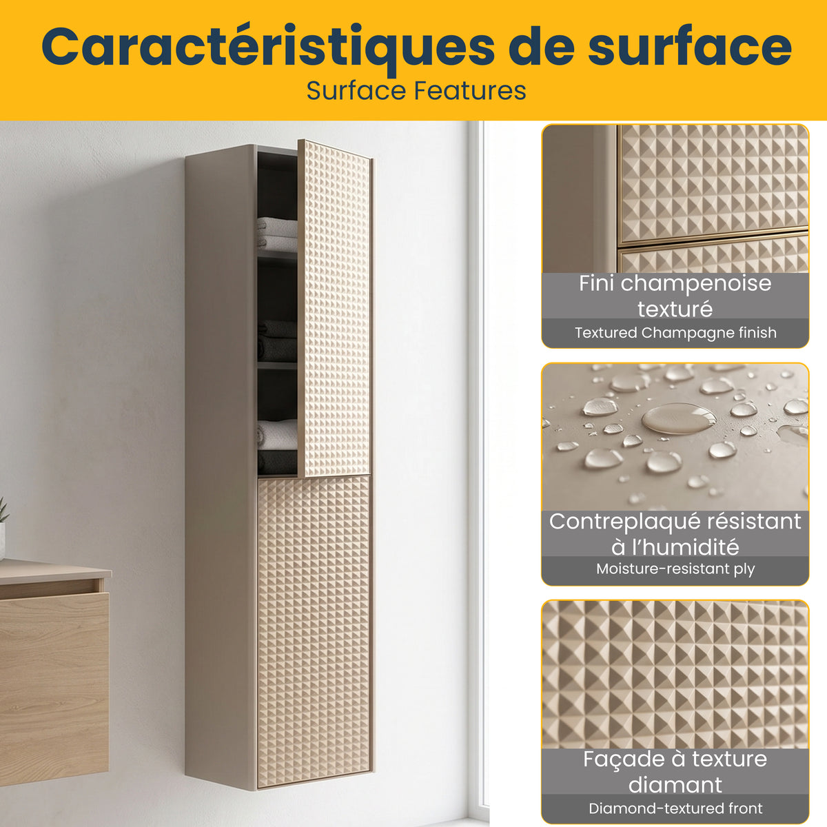 Champagne 2-Door Wall-Hung Reversible Linen Cabinet with Shelves