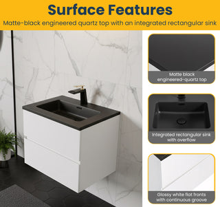 Meuble-lavabo mural blanc 24" avec Comptoir en quartz noir reconstitué