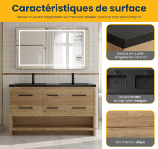 Meuble-Lavabo Autoportant 60po Chêne Brut avec Comptoir de Quartz d'ingénierie Noir