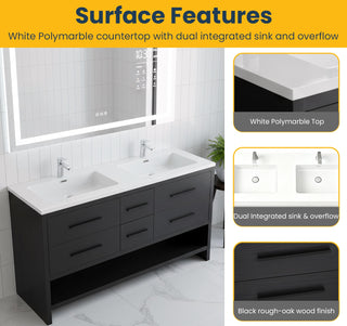 72" Black Rough Oak Freestanding Double Sink Bathroom Vanity with White Polymarble Countertop