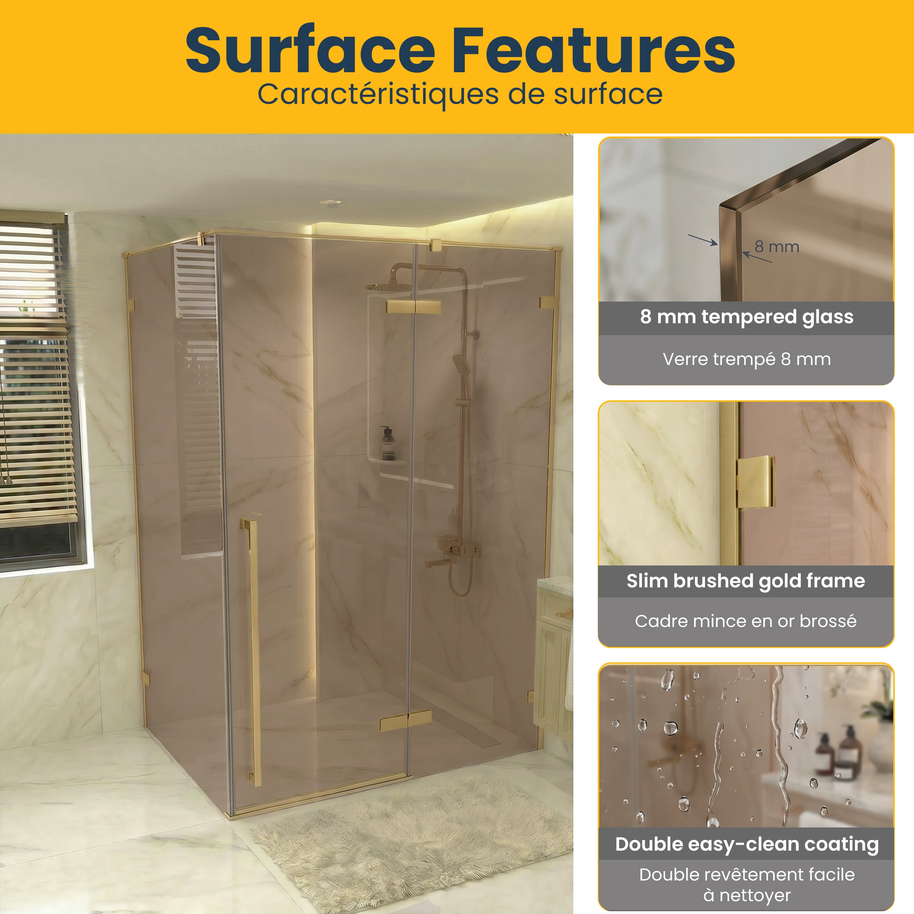 57,6po–58po L (largeur ajustable) x 79po H Porte de douche pivotante réversible sans cadre en or brossé avec verre brun teinté et panneau latéral 34,1po–34,5po