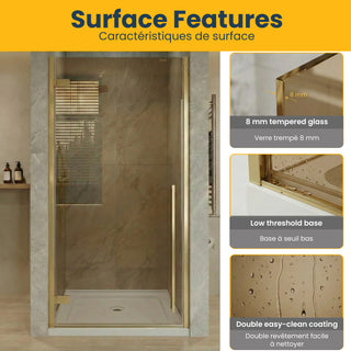32" x 79" Reversible Pivot Shower Door in Brushed Gold with Brown Tinted Glass and 32" x 32" Glossy White Acrylic Shower Base with Corner Drain