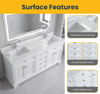 72" White Freestanding Double Sink Bathroom Vanity with Engineered Calcutta Marble Countertop