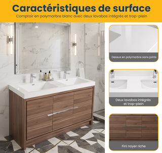 60" Walnut Freestanding Double Sink Bathroom Vanity with White Polymarble Countertop