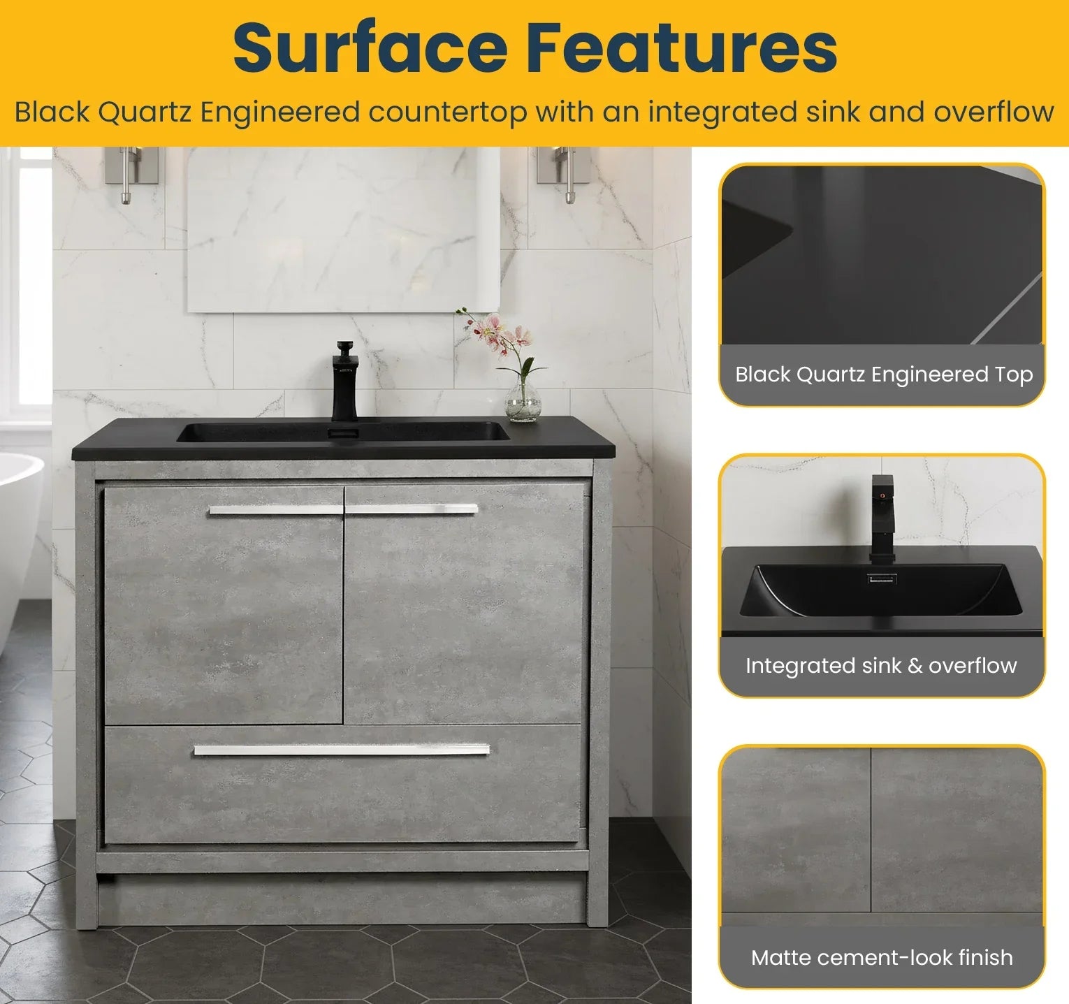36" Cement Freestanding Bathroom Vanity with Black Quartz Engineered Countertop