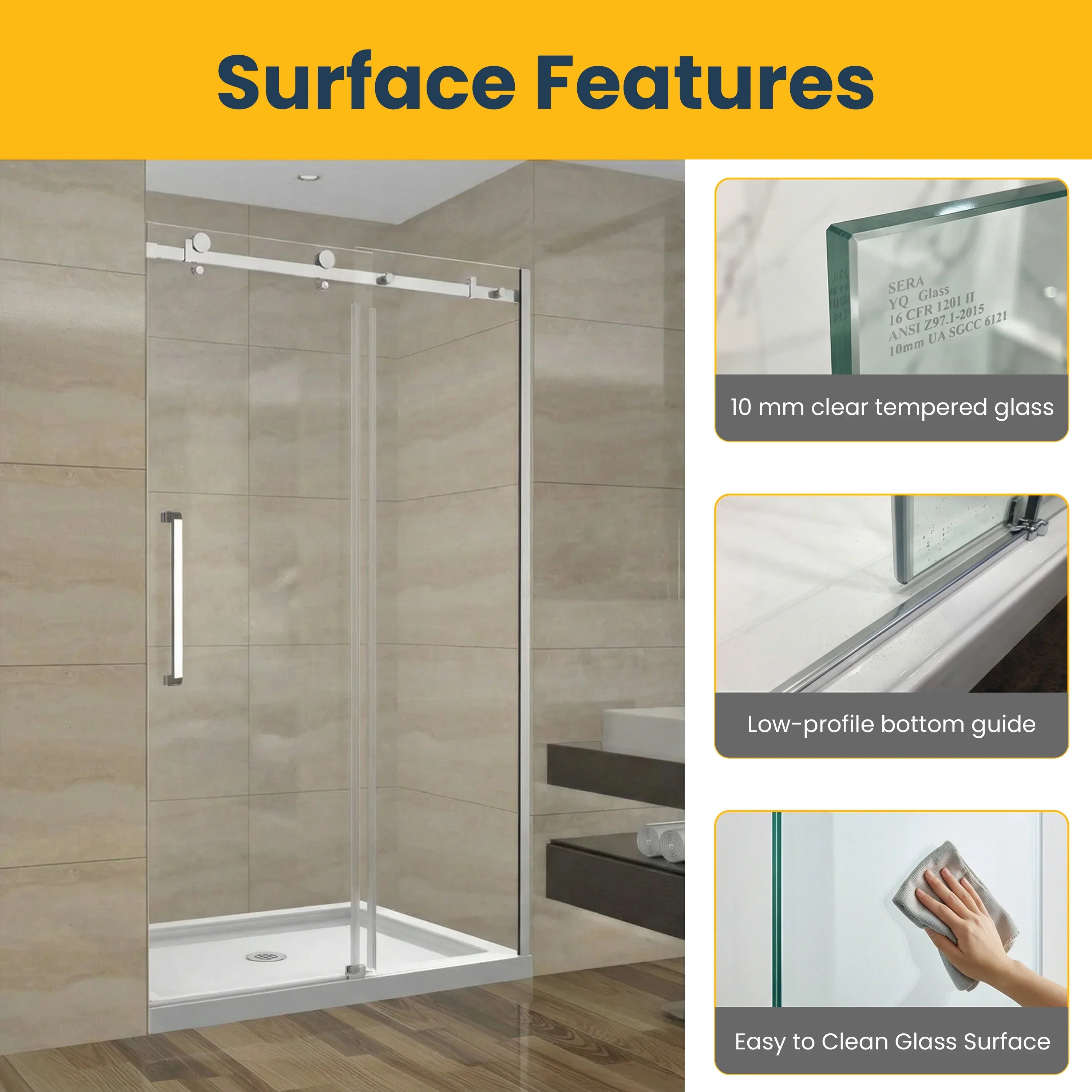 48" x 75" Alcove Reversible Sliding Shower Door with Square Chrome Hardware - 10mm Tempered Glass