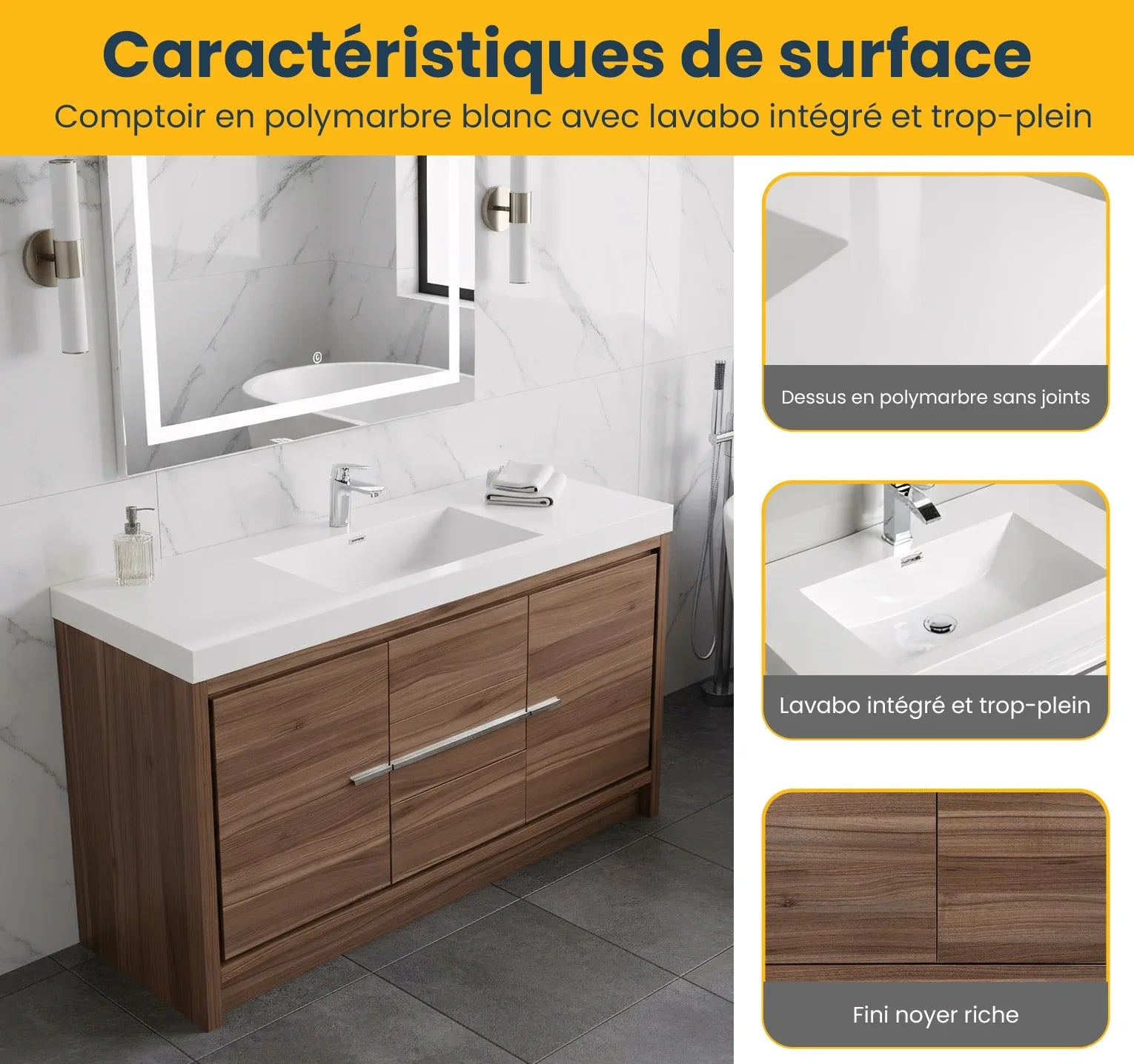 60" Walnut Freestanding Single Sink Bathroom Vanity with White Polymarble Countertop