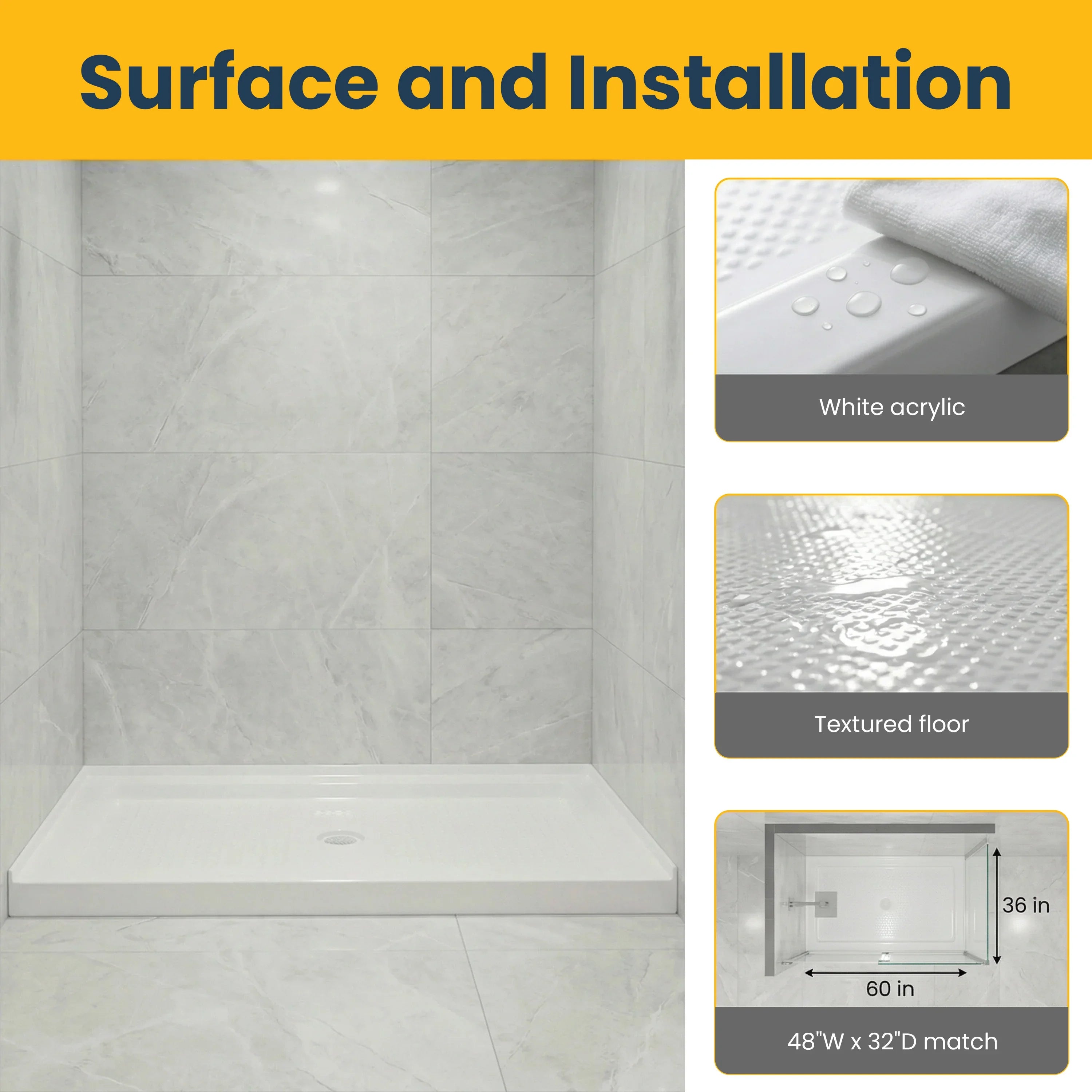 Base de douche acrylique blanche 60po x 36po – Drain central, installation 3 murs