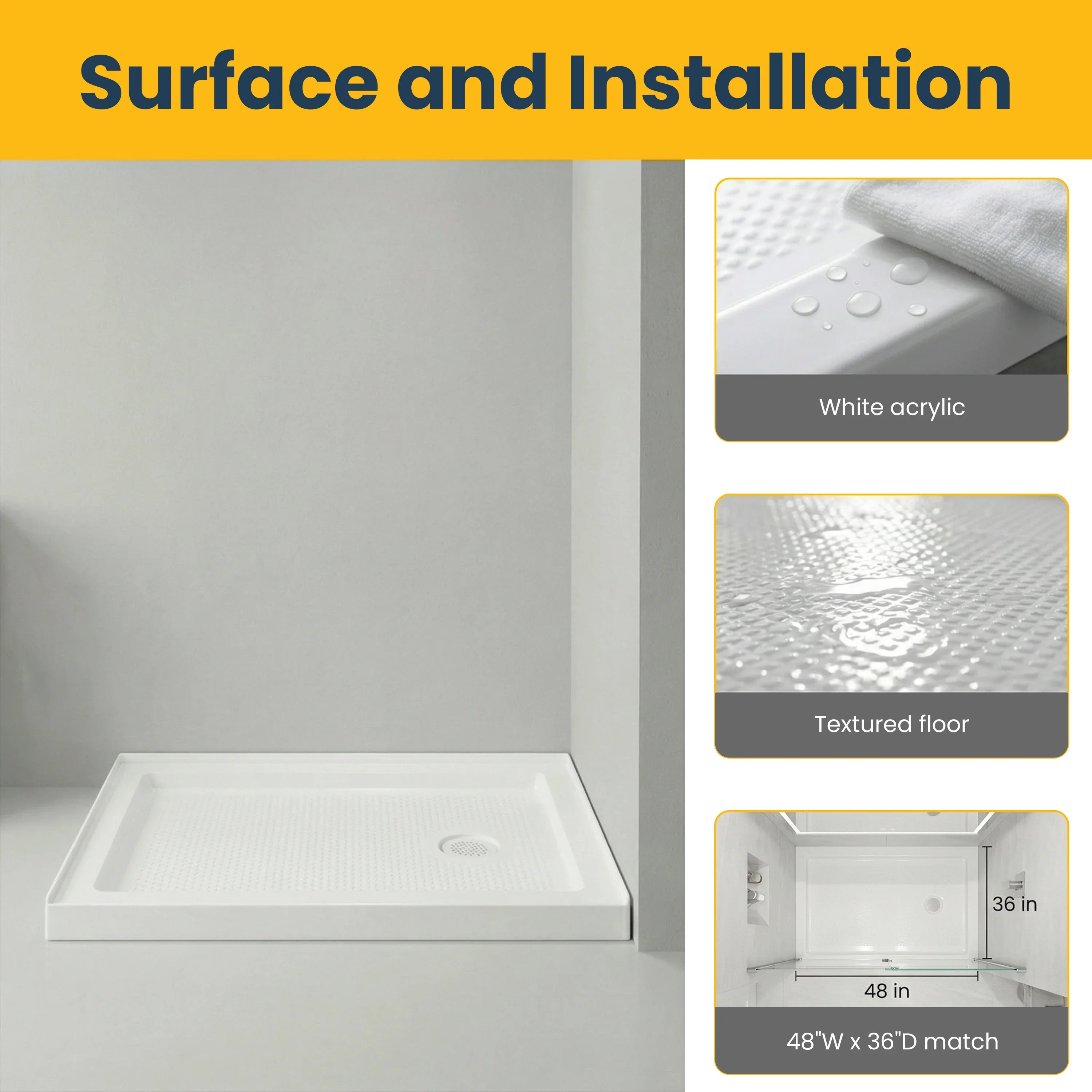 Base de douche blanche en acrylique 48po x 36po – Drain à droite, 2 murs