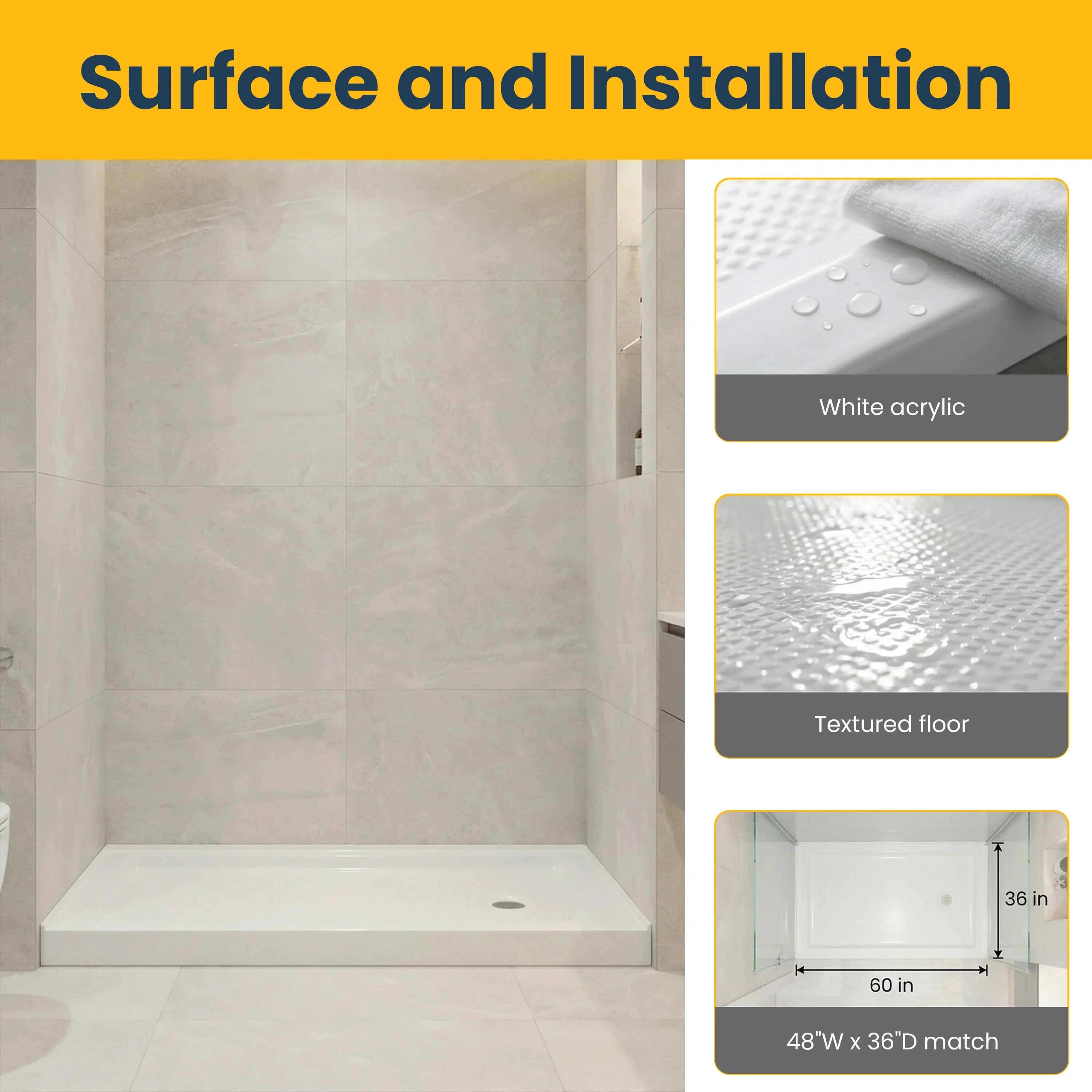 Base de Douche Acrylique Blanche 60po x 36po - Installation 2 Murs avec Drain à Droite
