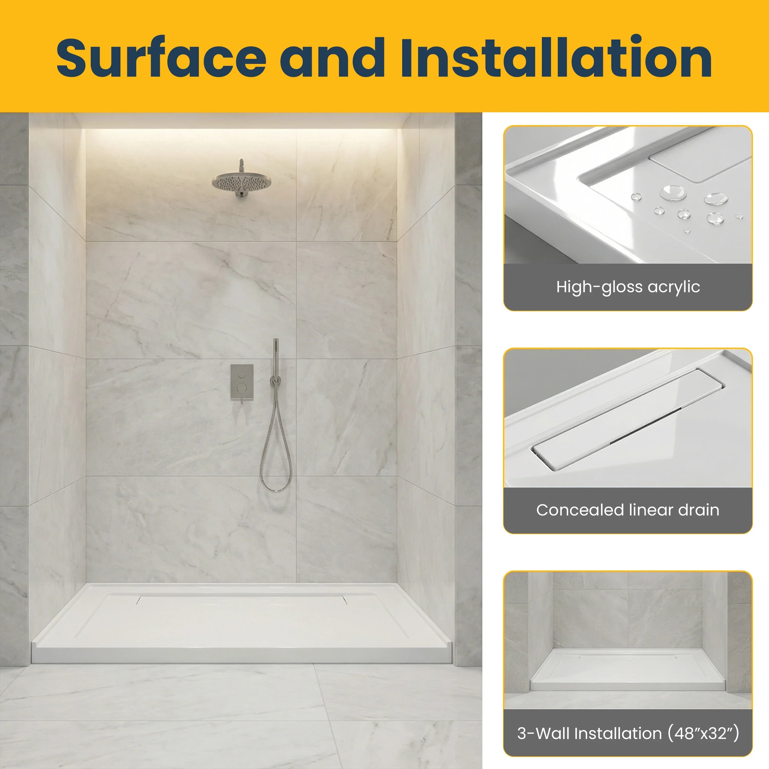 Base de douche acrylique blanche 48po x 32po – Installation 3 murs avec drain linéaire