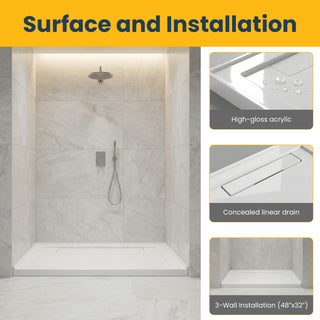Base de Douche Acrylique Rectangulaire Blanc 48 po x 32 po - Installation 3 Murs - Drain Linéaire