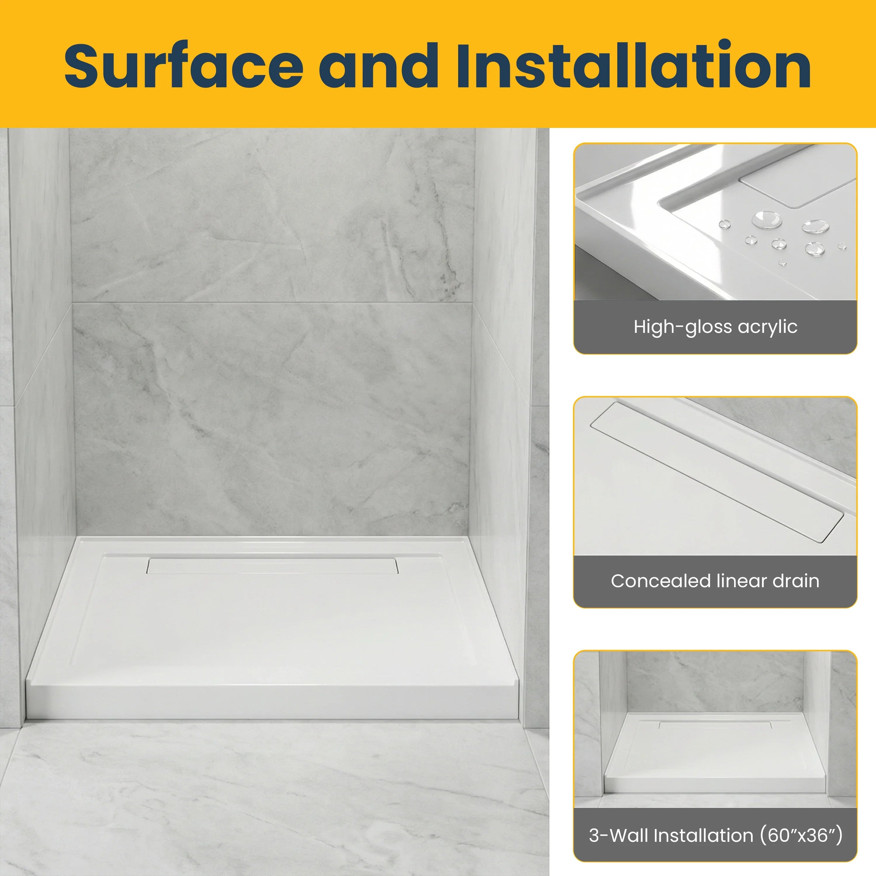 Base de Douche Acrylique Blanche 60po x 36po avec Drain Linéaire - Installation 3 Murs