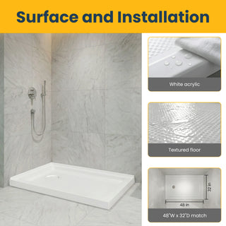 Base de Douche Acrylique Blanc 48 po x 32 po - Installation 2 Murs - Drain à Gauche