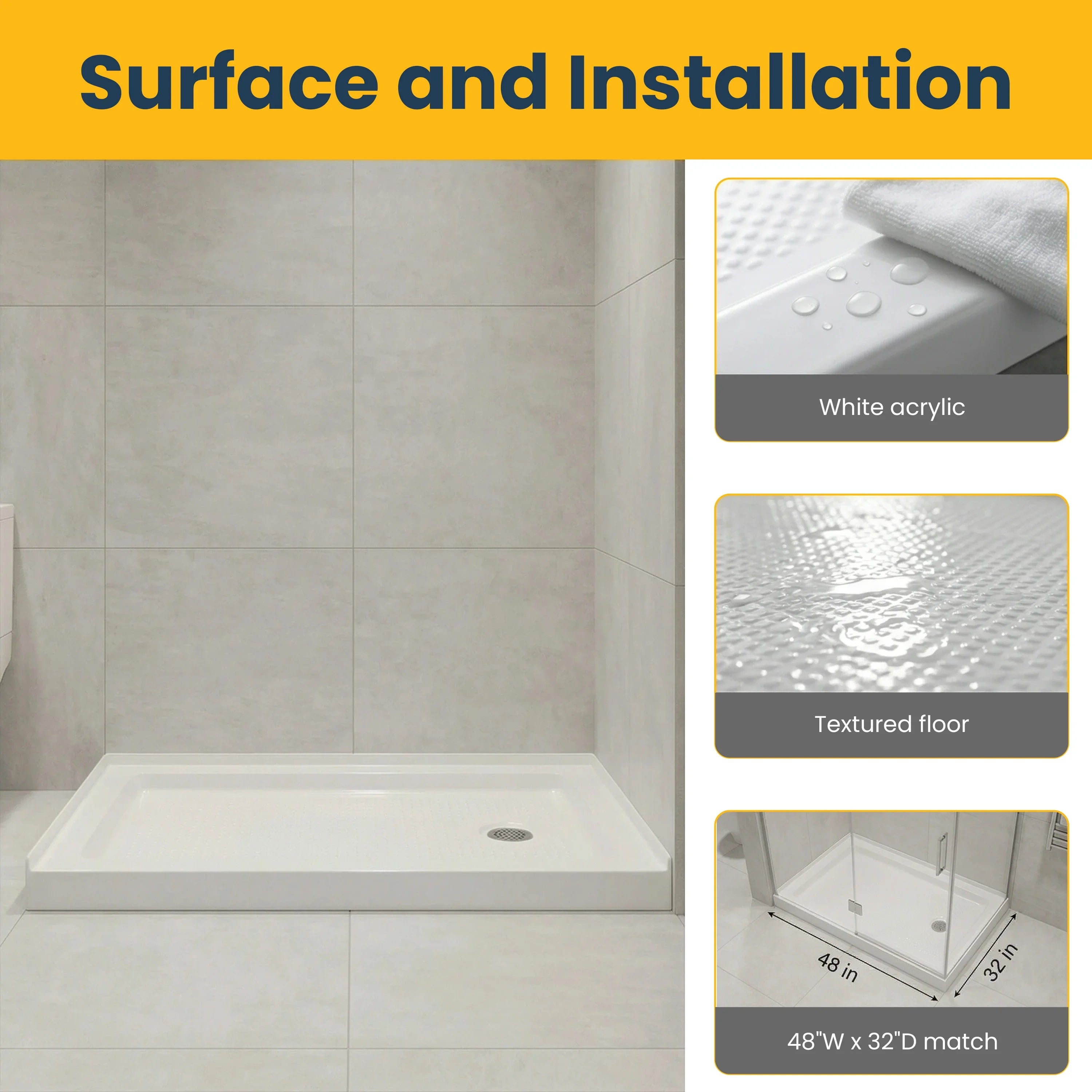 48" x 32" White Acrylic Shower Base with Right Drain - 2 Wall Setup