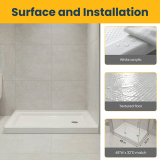 Base de Douche Acrylique Blanc 48 po x 32 po - Installation 2 Murs - Drain à Droite