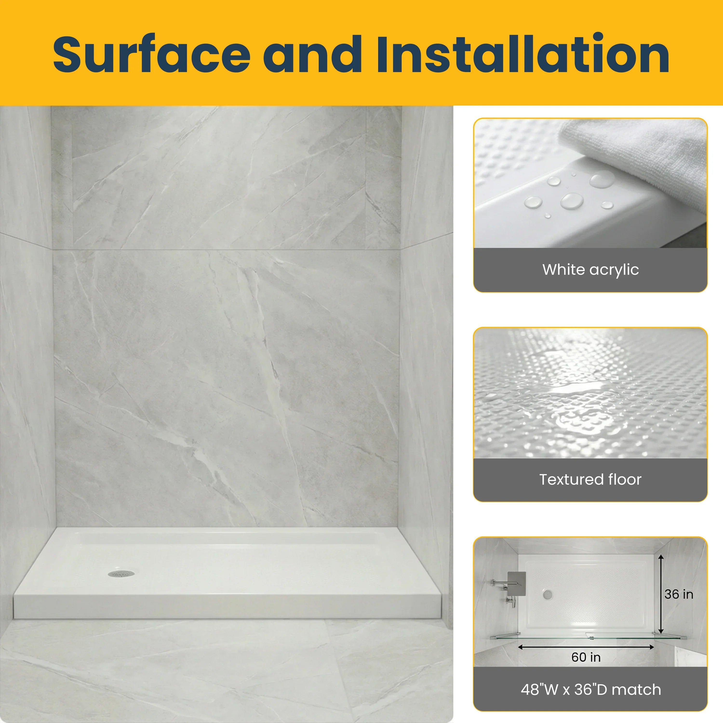 Base de Douche Acrylique Blanc 60po x 36po – Installation 2 Murs avec Drain à Gauche