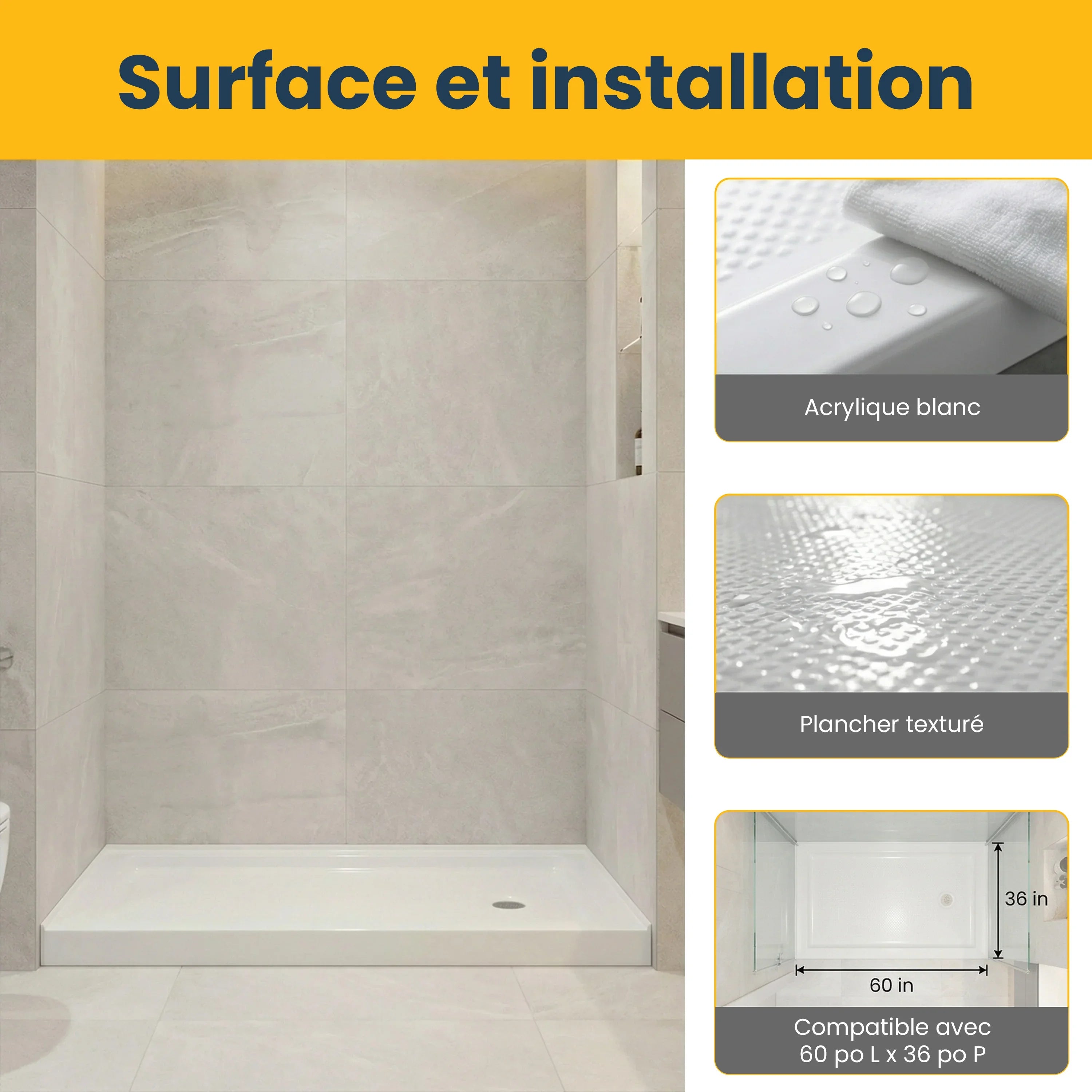 Base de Douche Acrylique Blanche 60po x 36po - Installation 2 Murs avec Drain à Droite