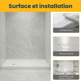 Base de Douche Acrylique Blanc 60 po x 36 po - Installation 2 Murs - Drain à Gauche