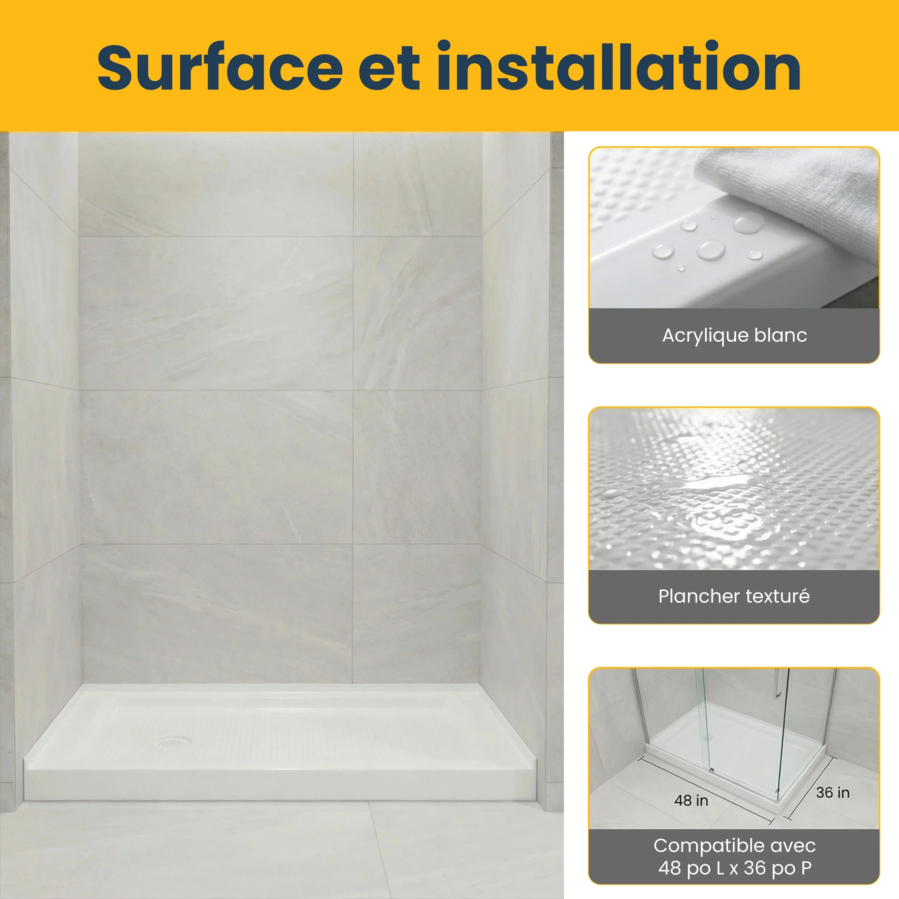 48" x 36" White Acrylic Shower Base with Left Drain - 2 Wall Setup