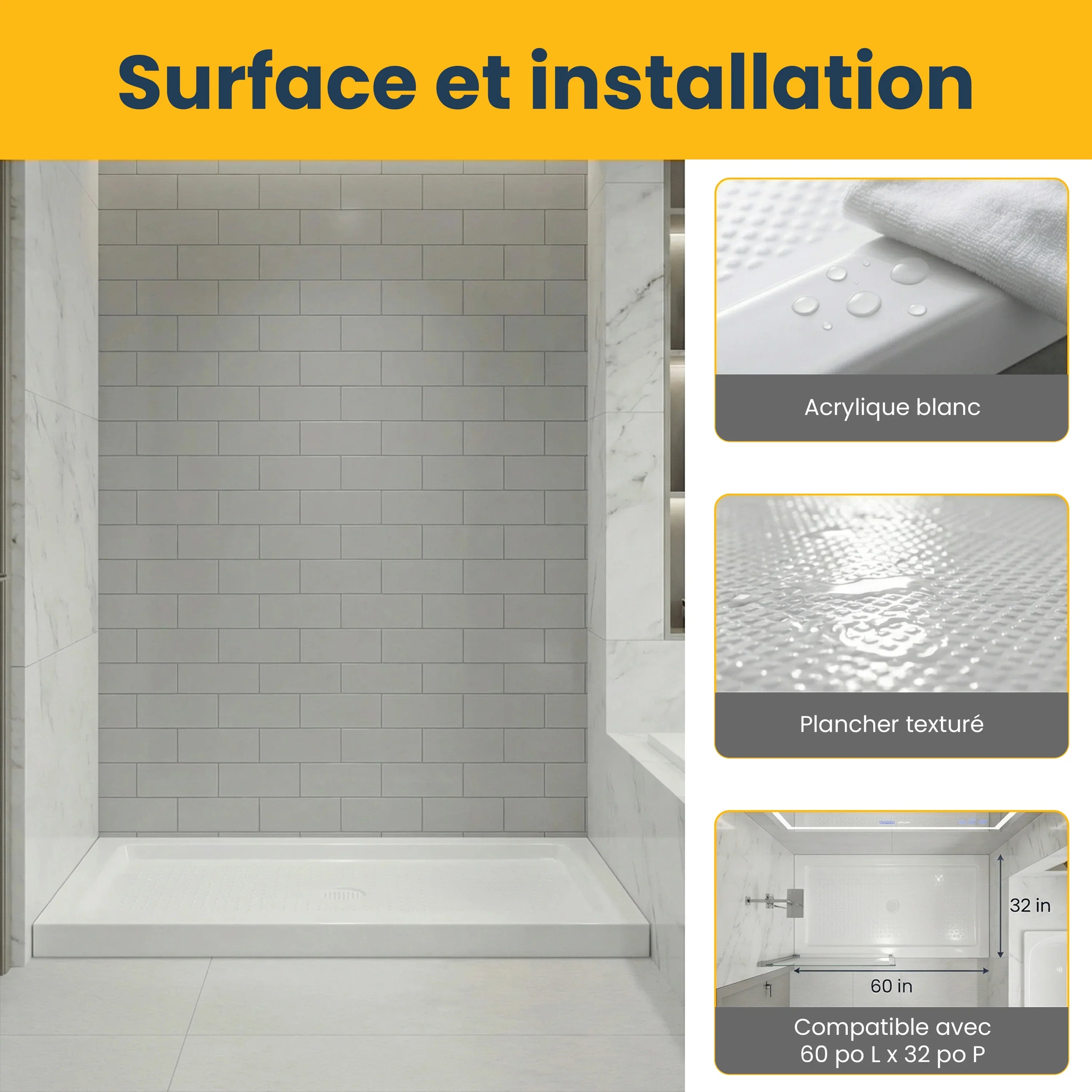 Base de douche rectangulaire en acrylique blanc 60po x 32po avec drain central
