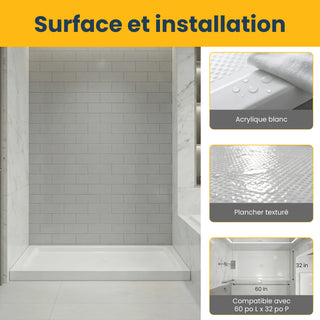 Receveur de douche rectangulaire en acrylique blanc 60 po x 32 po, installation à 2 ou 3 parois avec drain linéaire central