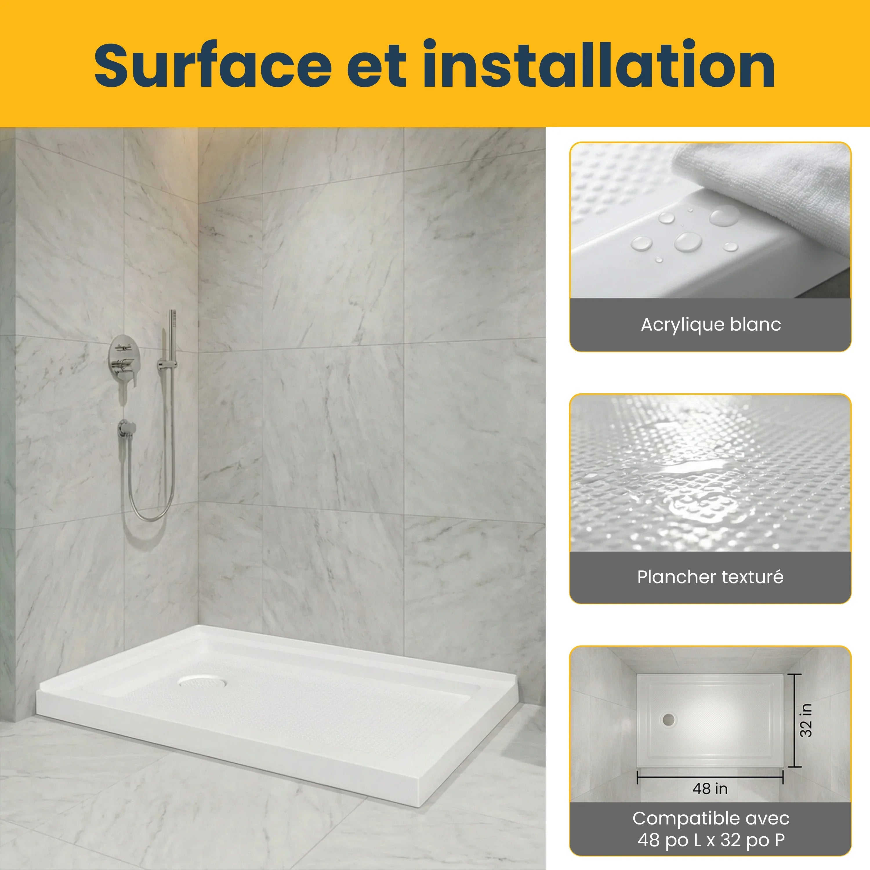 48" x 32" White Acrylic Shower Base with Left Drain - 2 Wall Setup