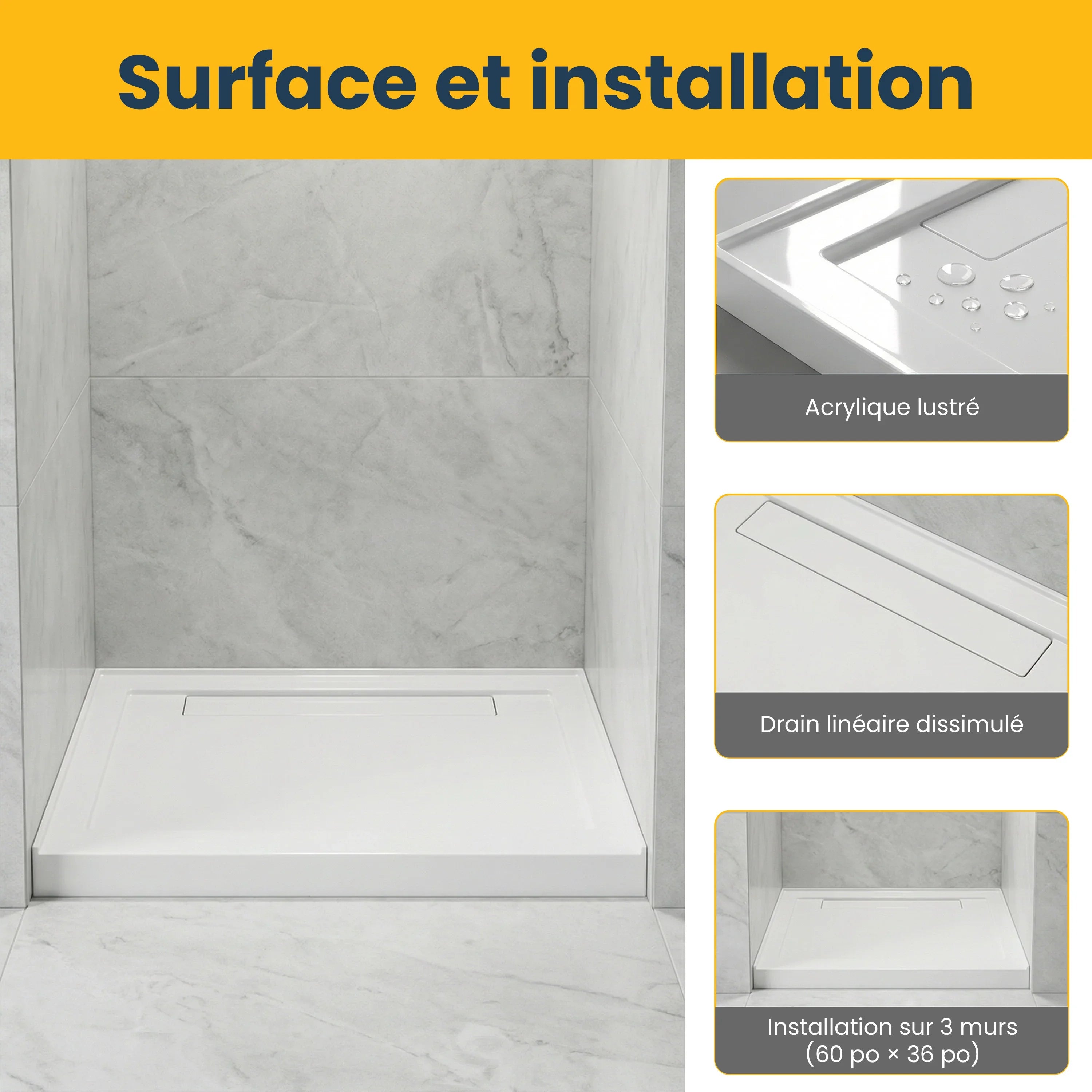 Base de Douche Acrylique Blanche 60po x 36po avec Drain Linéaire - Installation 3 Murs
