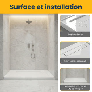 Base de Douche Acrylique Rectangulaire Blanc 48 po x 32 po - Installation 3 Murs - Drain Linéaire