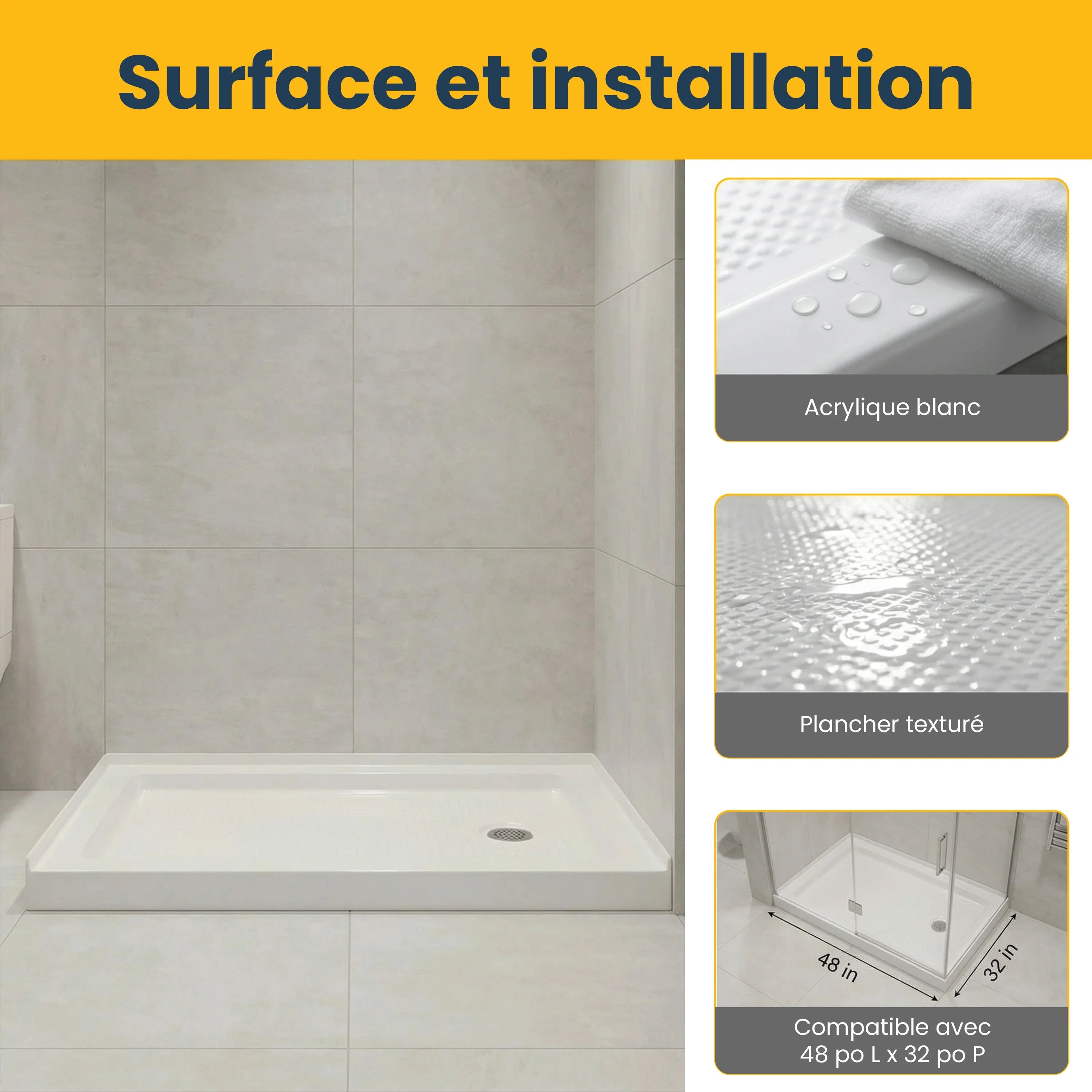 48" x 32" White Acrylic Shower Base with Right Drain - 2 Wall Setup