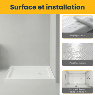 Base de Douche Acrylique Blanc 48 po x 36 po - Installation 2 Murs - Drain à Droite