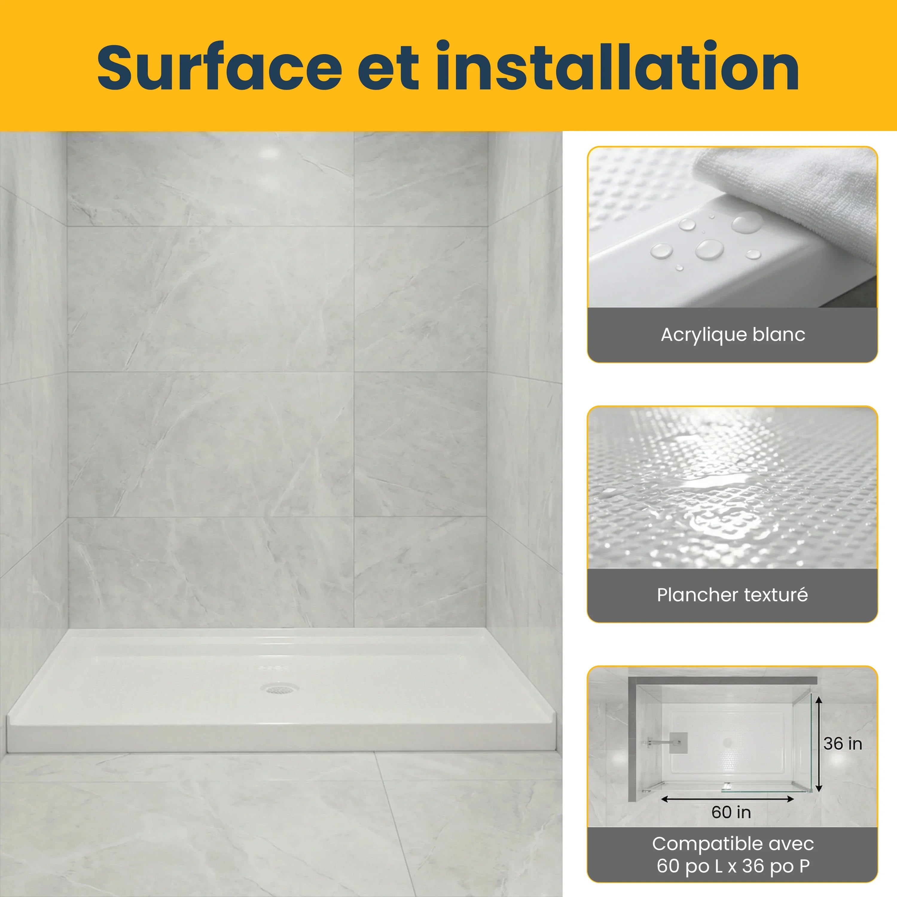 Base de douche acrylique blanche 60po x 36po – Drain central, installation 3 murs