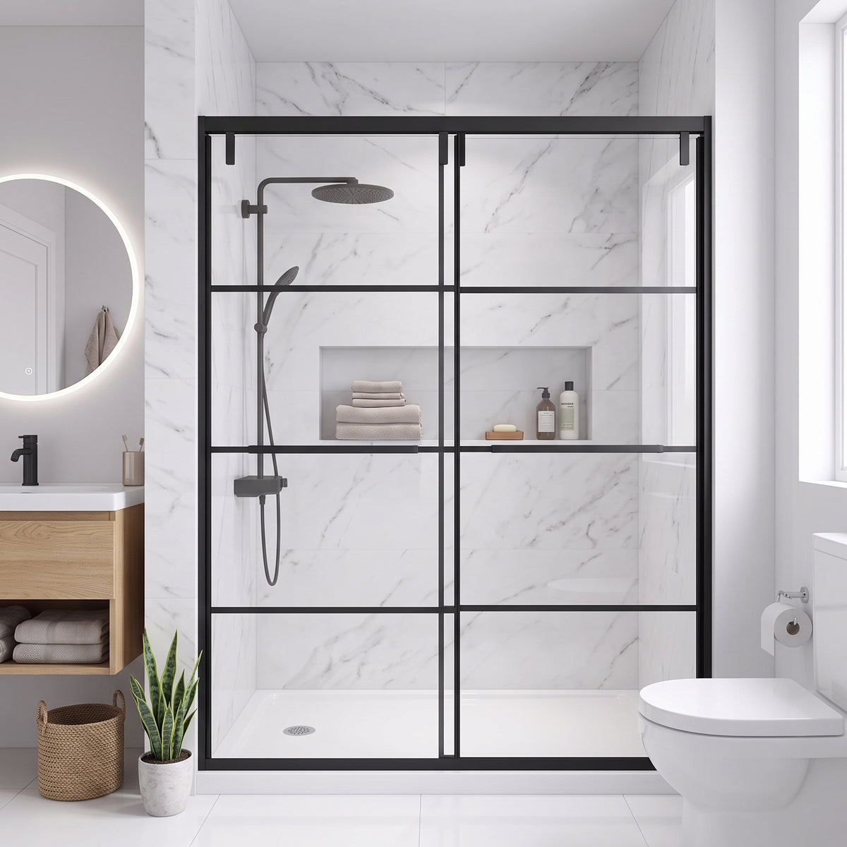 Porte de Douche Coulissante Réversible 48po x 79po Noir Mat avec Verre Trempé Transparent