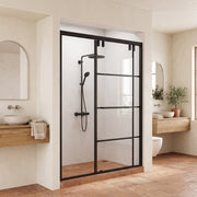 Porte de Douche Coulissante Réversible 48po x 79po Noir Mat avec Verre Trempé Transparent