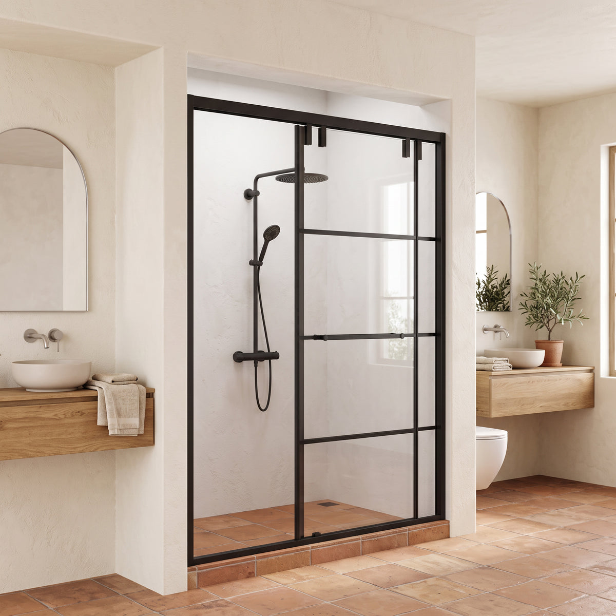 Porte de Douche Coulissante Réversible 48po x 79po Noir Mat avec Verre Trempé Transparent