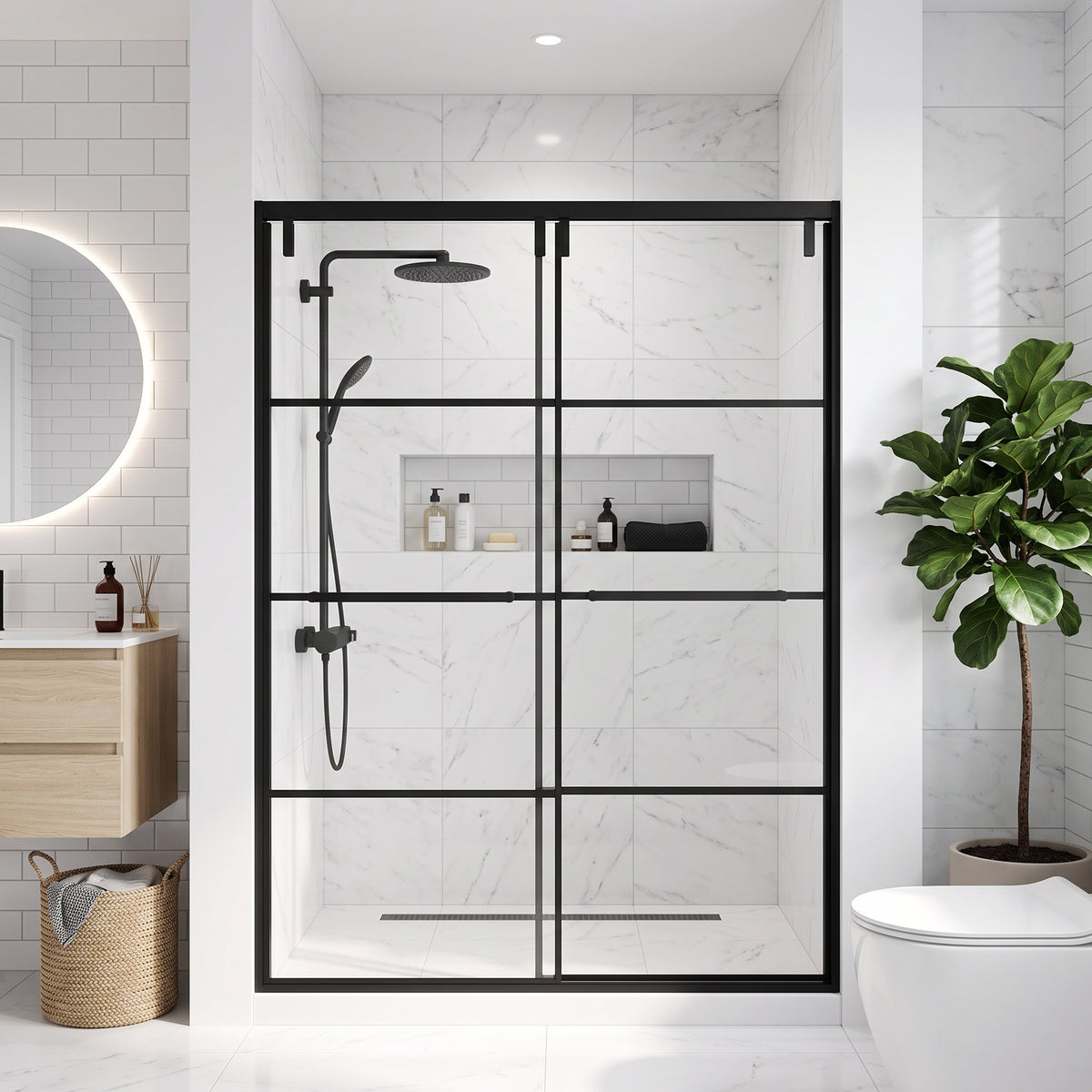 Porte de Douche Coulissante Réversible 48po x 79po Noir Mat avec Verre Trempé Transparent