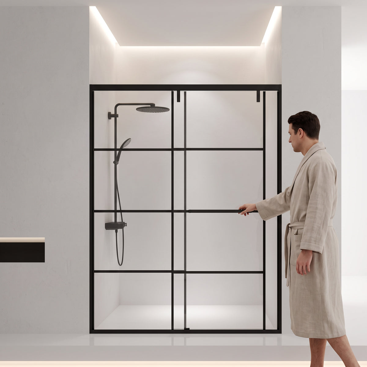 Porte de Douche Coulissante Réversible 48po x 79po Noir Mat avec Verre Trempé Transparent