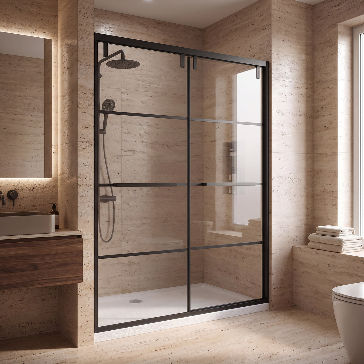 Porte de Douche Coulissante Réversible 48po x 79po Noir Mat avec Verre Trempé Transparent