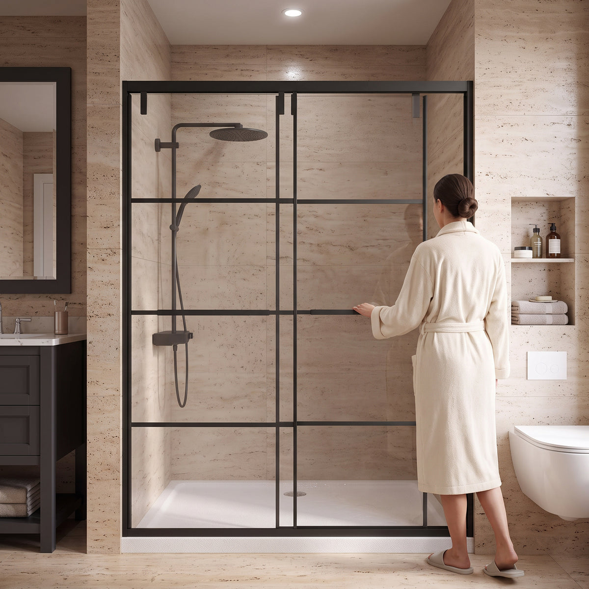 Porte de Douche Coulissante Réversible 48po x 79po Noir Mat avec Verre Trempé Transparent