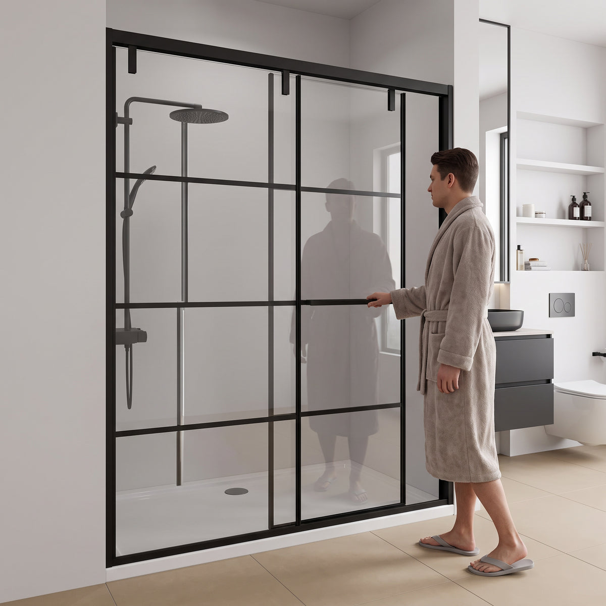 60" x 79" Matte Black Framed Reversible Sliding Shower Door with Clear Tempered Glass