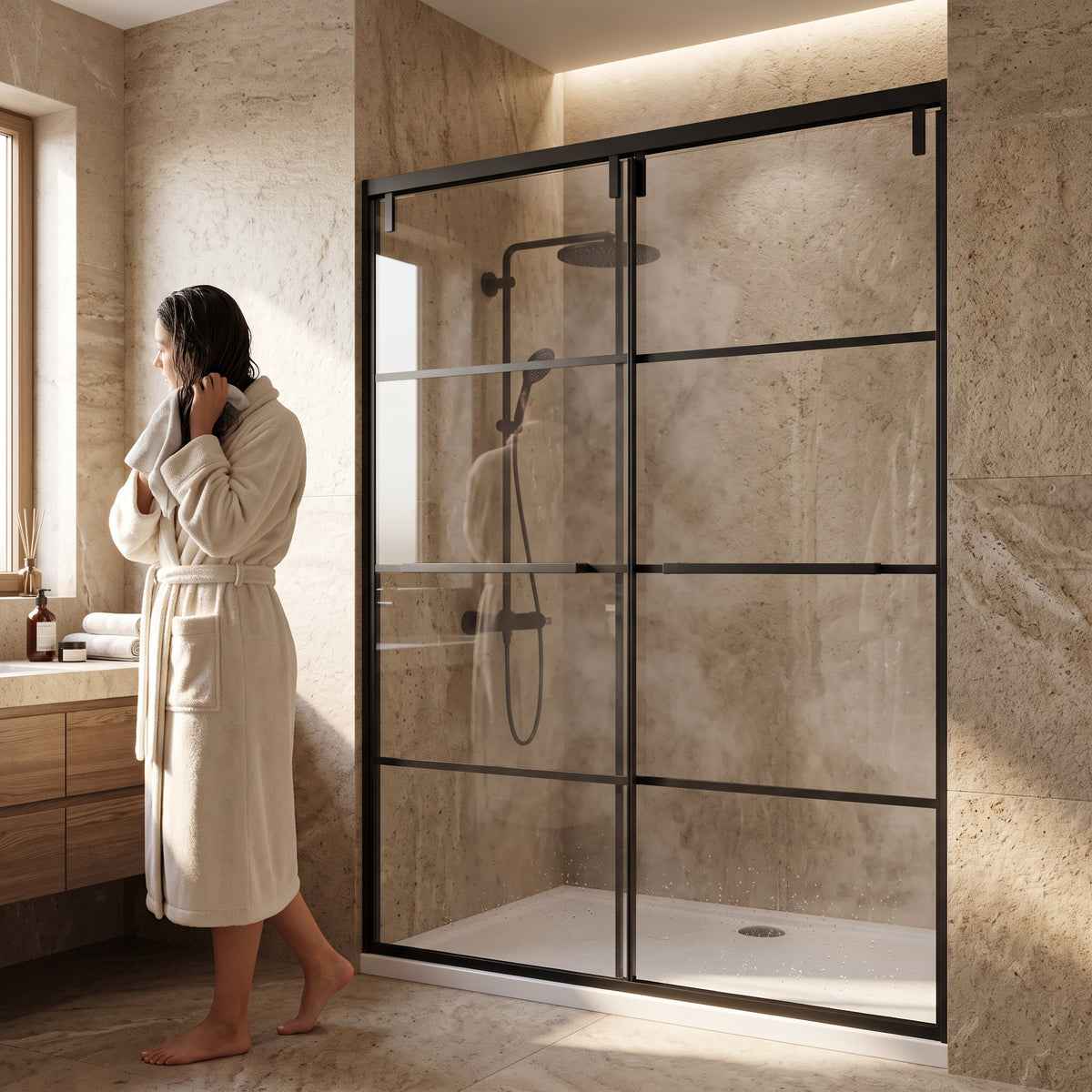 60" x 79" Matte Black Framed Reversible Sliding Shower Door with Clear Tempered Glass