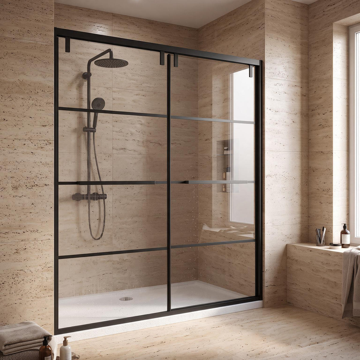 60" x 79" Matte Black Framed Reversible Sliding Shower Door with Clear Tempered Glass