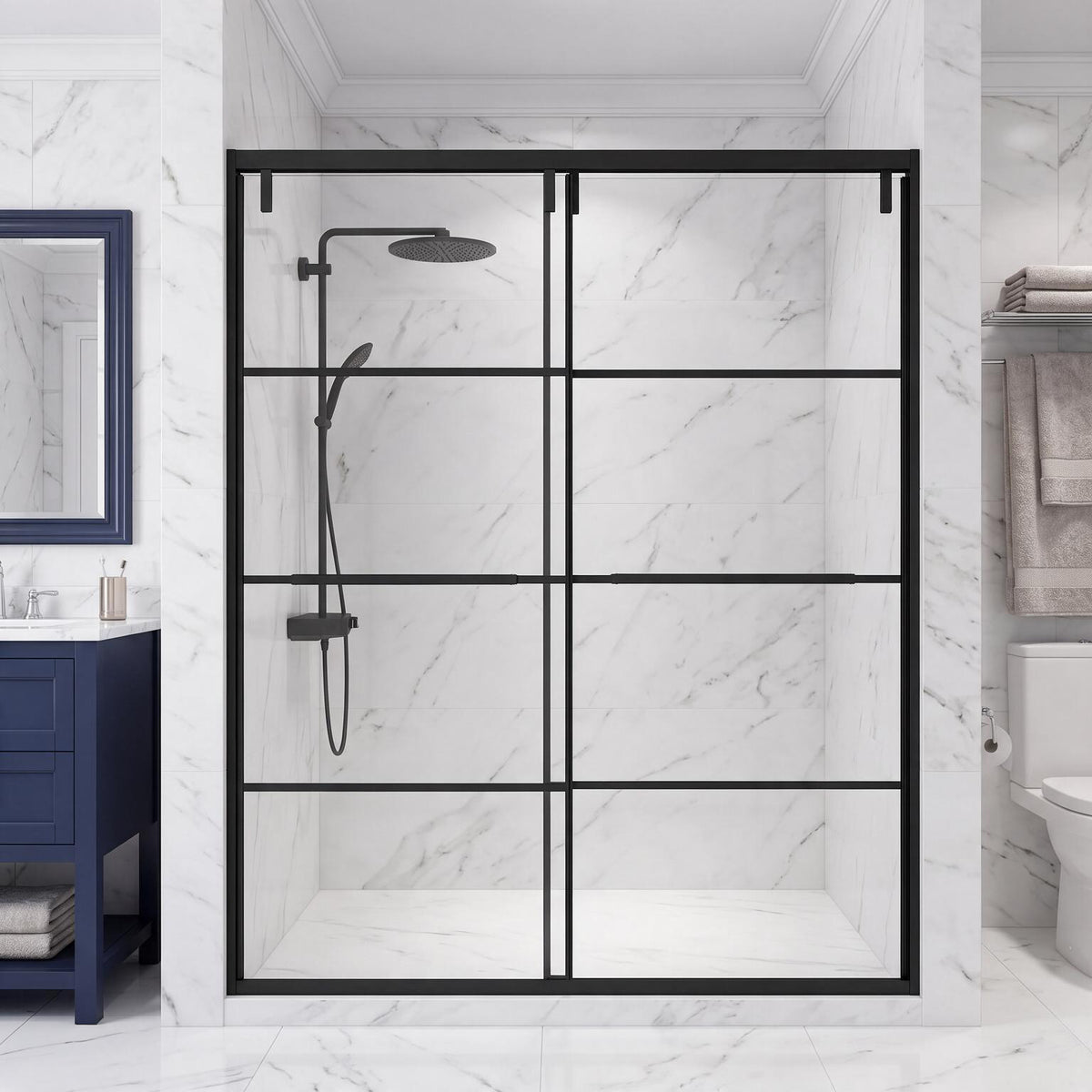 60" x 79" Matte Black Framed Reversible Sliding Shower Door with Clear Tempered Glass