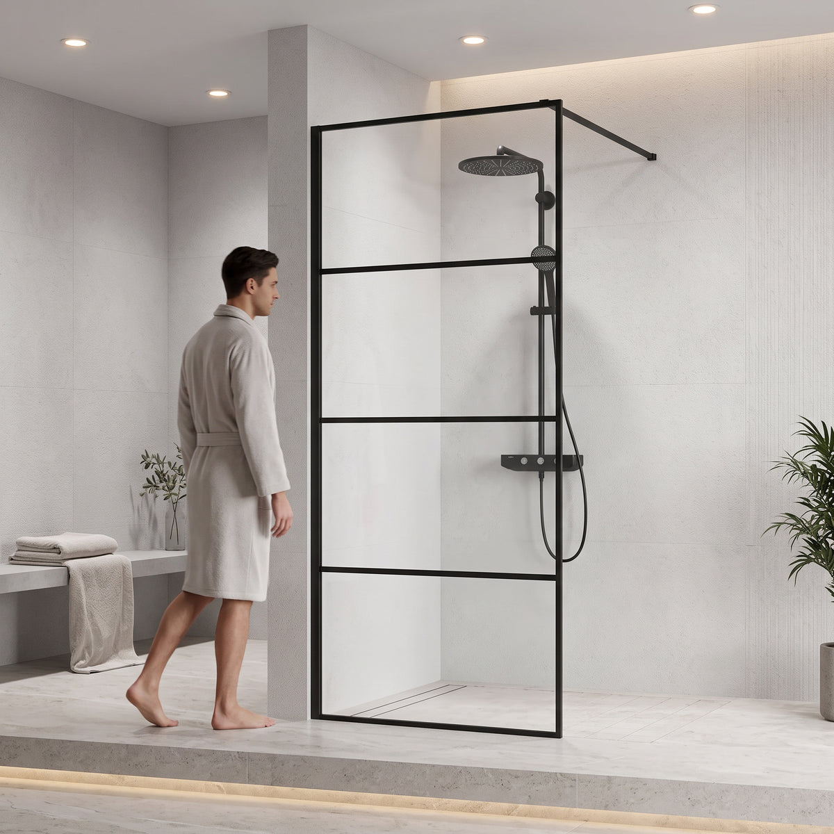 Panneau de Douche Walk-In Fixe Réversible 34po x 79po en Noir Mat avec Verre Clair