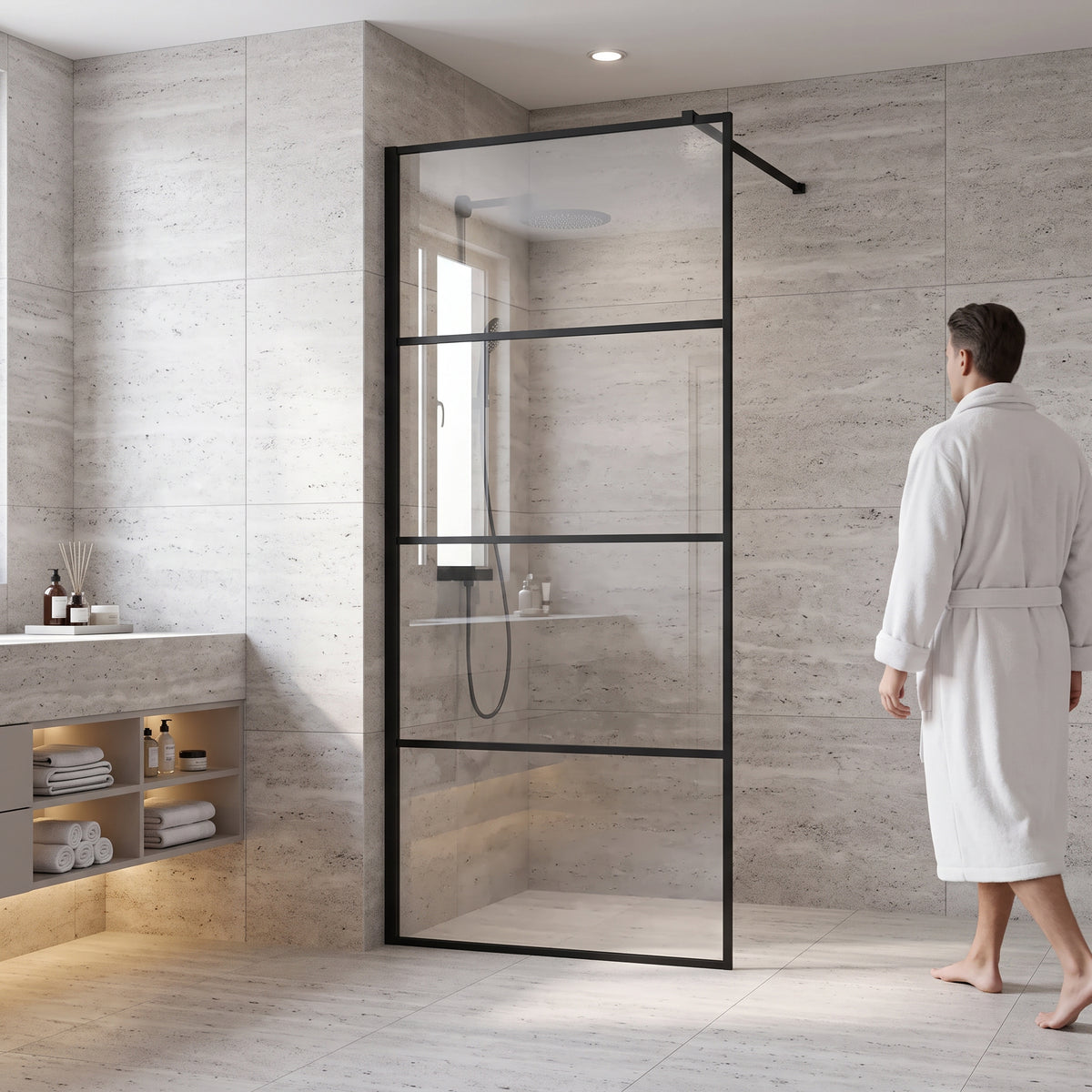 Panneau de Douche Walk-In Fixe Réversible 34po x 79po en Noir Mat avec Verre Clair