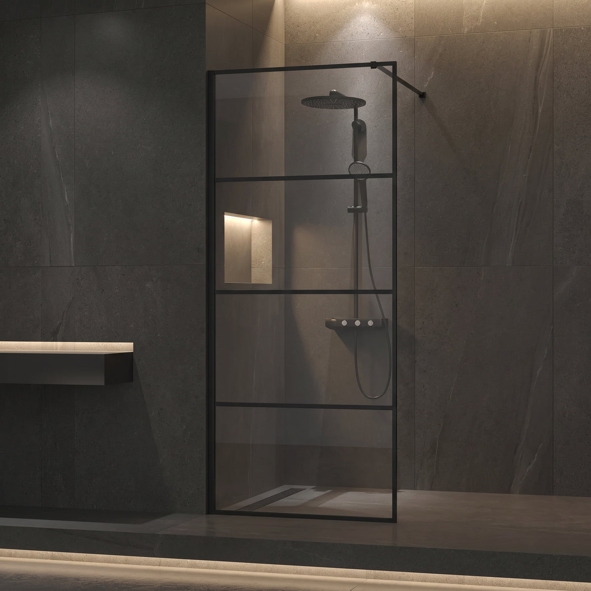 Panneau de Douche Walk-In Fixe Réversible 34po x 79po en Noir Mat avec Verre Clair