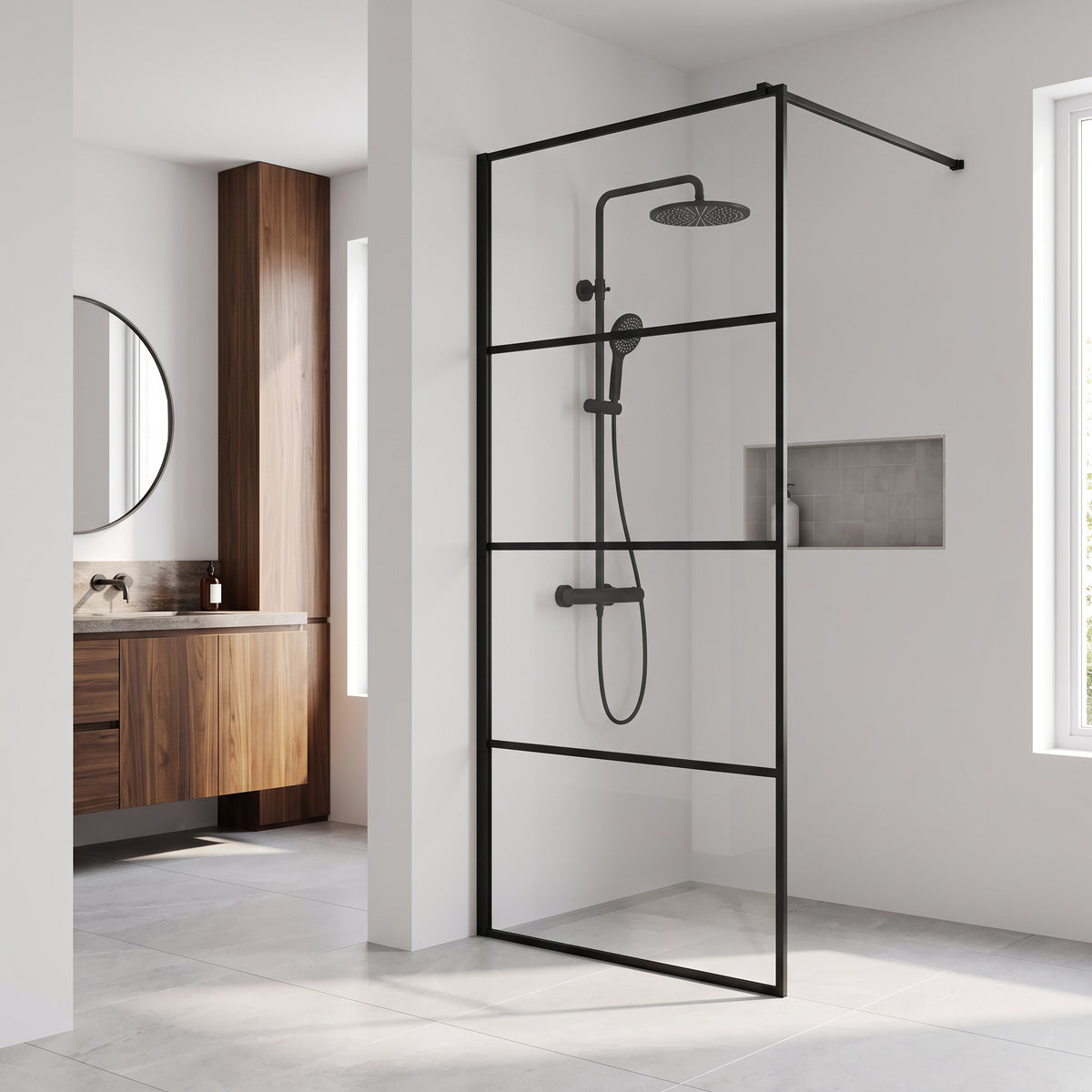 Panneau de Douche Walk-In Fixe Réversible 34po x 79po en Noir Mat avec Verre Clair