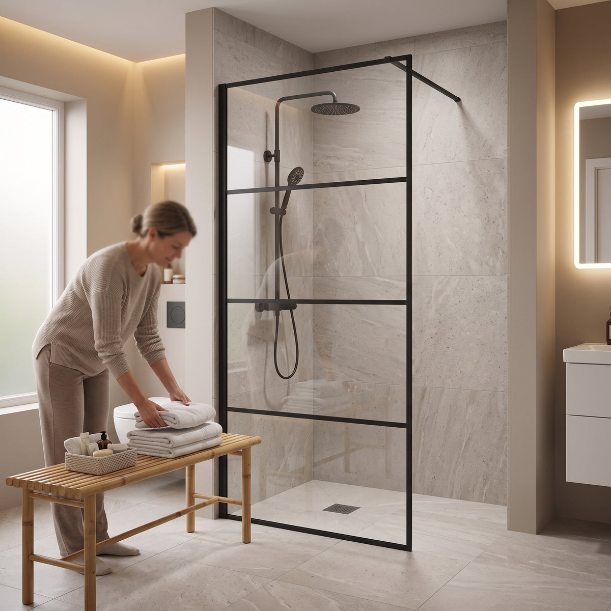 Panneau de Douche Walk-In Fixe Réversible 34po x 79po en Noir Mat avec Verre Clair
